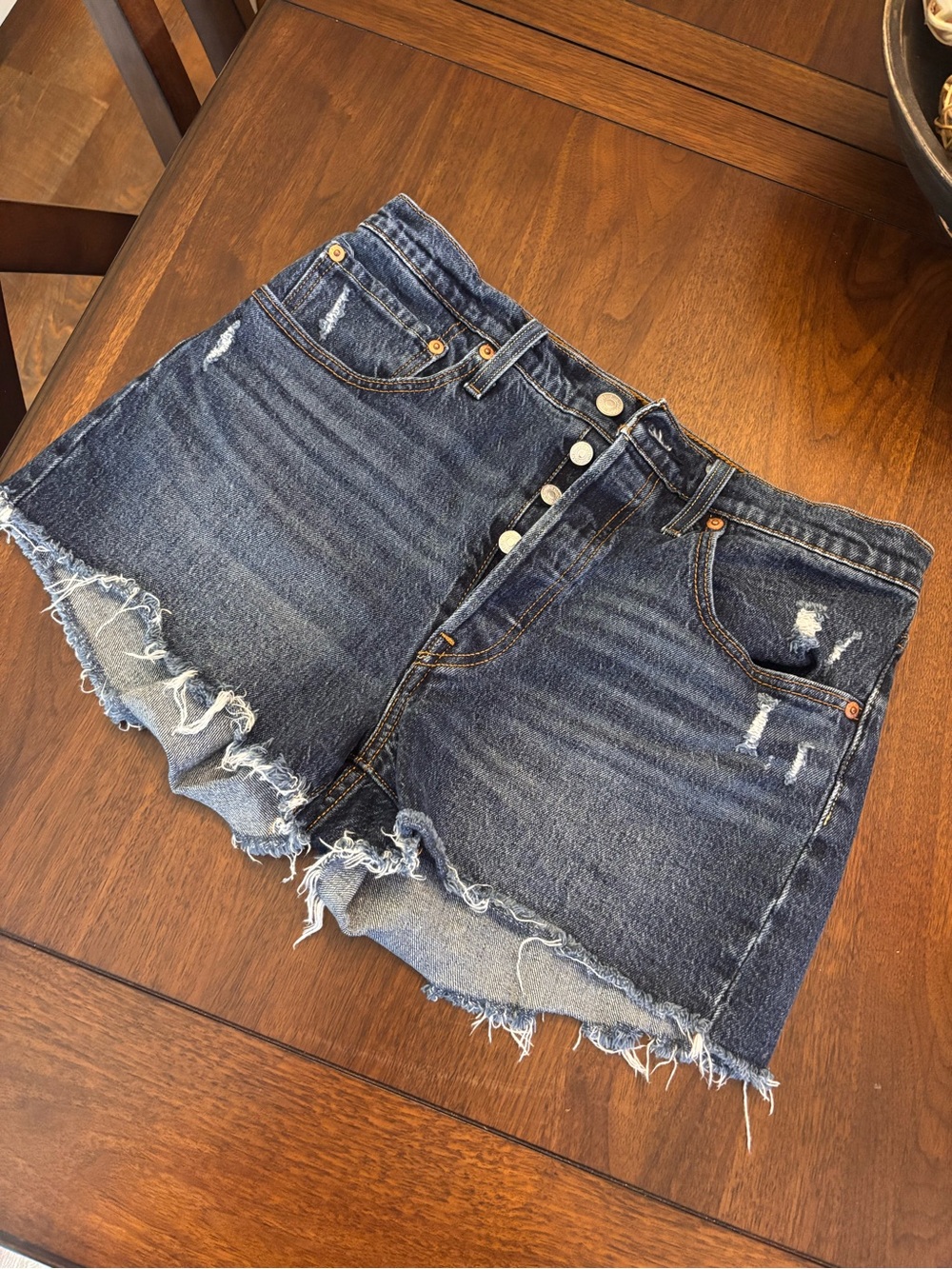 Levi's Dark Blue Distressed Button-Front Jean Shorts